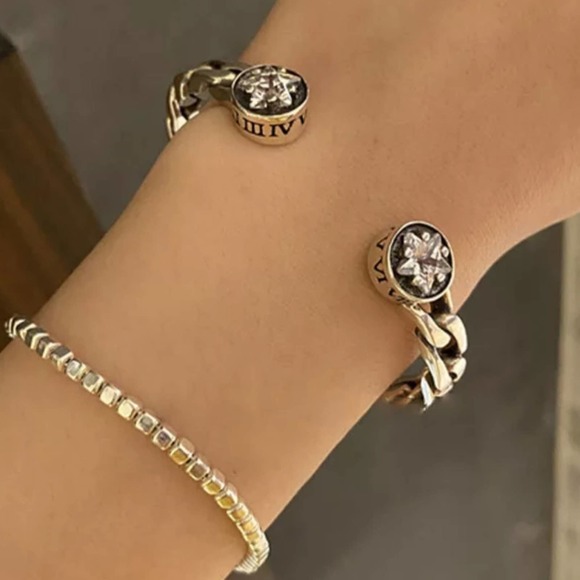 Vintage Sterling Silver Star Zircon Bangle Cuff Chain Link Design Bracelet - Picture 8 of 11